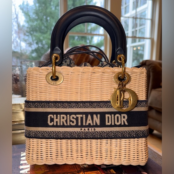 Dior Handbags - Christian Dior Lady Dior Bag Wicker & Navy Blue Oblique Canvas Medium $6300